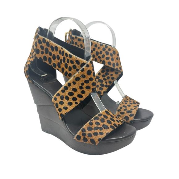 Diane von Furstenberg Opal Wedge Sandals Leopard Leather Calf Hair Brown Size 8 - Picture 1 of 12